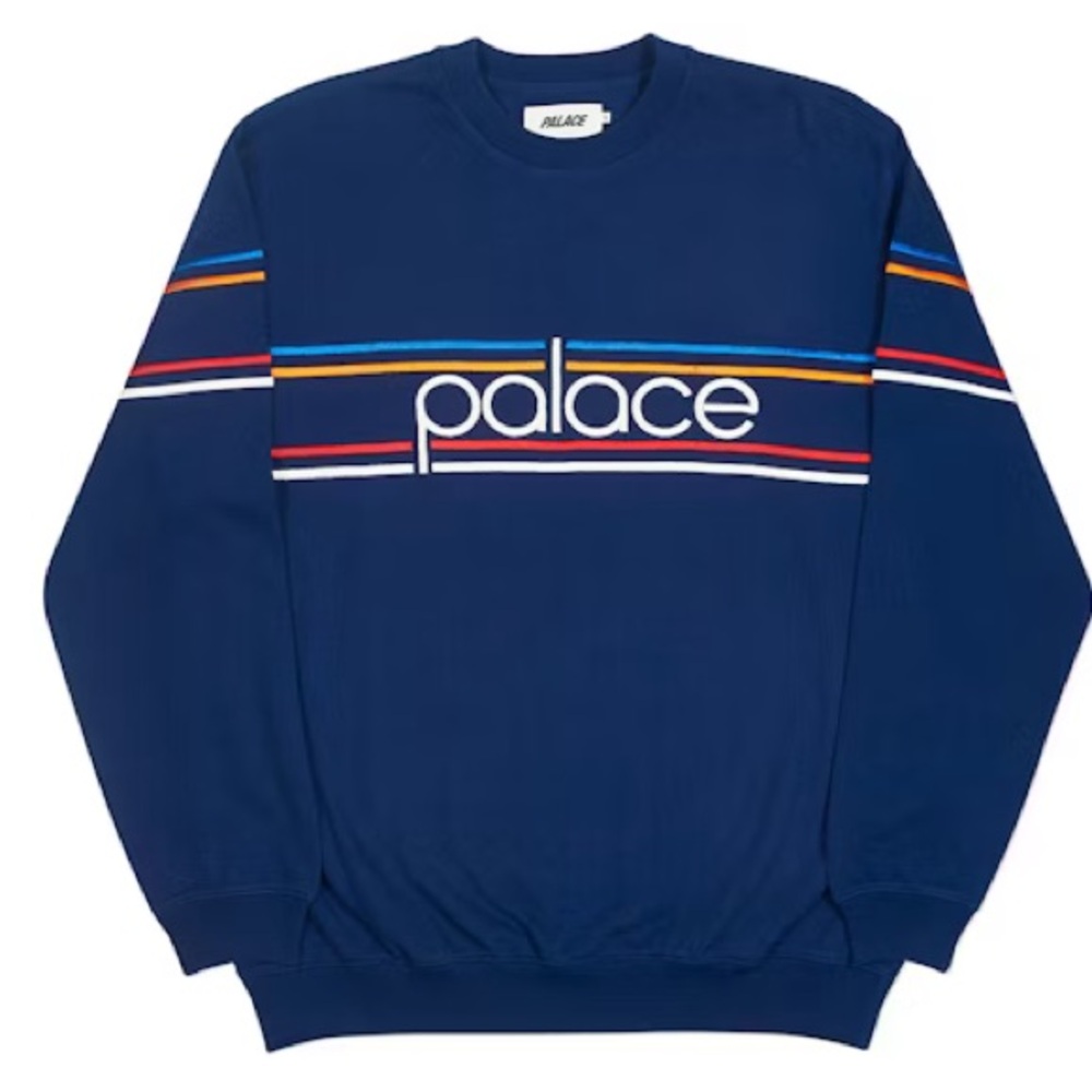 PALACE Men's Navy Crewneck Sweater with Multicolor Stripes